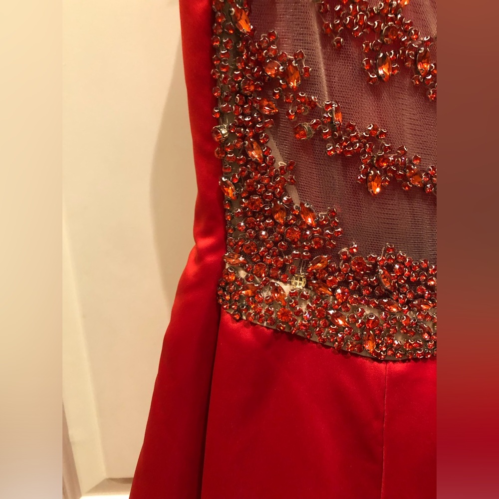 Red Long Dress BICICI & COTY Maxi A-line, beaded back/straps, wed, size S 4-6 - Picture 5 of 11
